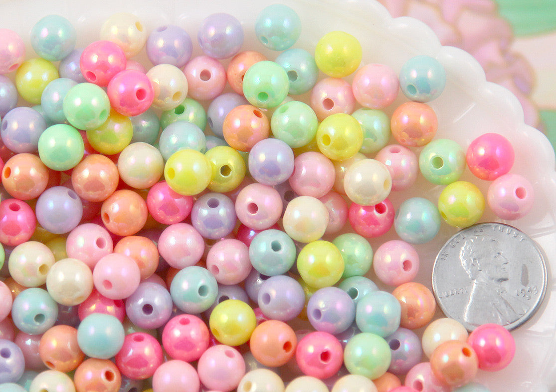 8mm Ice Cream Pastel Colors Shiny AB Iridescent Small Round Shape Plastic  or Acrylic Beads - 150 pcs set