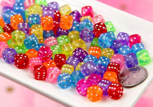 Dice Beads - 100 pieces - 10mm Colorful Translucent Dice D6 Diagonal Hole Acrylic or Resin Beads