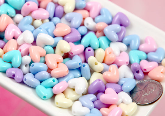 Pastel Heart Beads - 150 pieces - 10mm Cute Flat Pastel Heart Bead Resin or Acrylic Beads