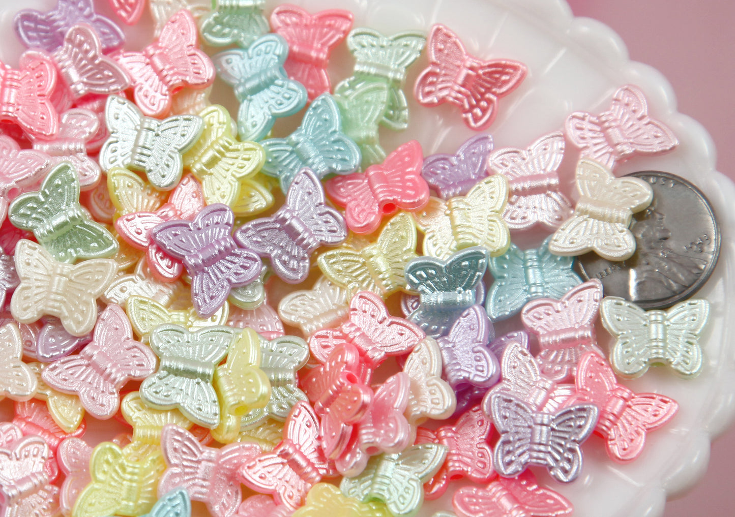 Butterfly Beads - 100 pieces - 14mm Pearly Pastel Beautiful Bright Color Little Butterfly Shaped Resin or Acrylic Beads