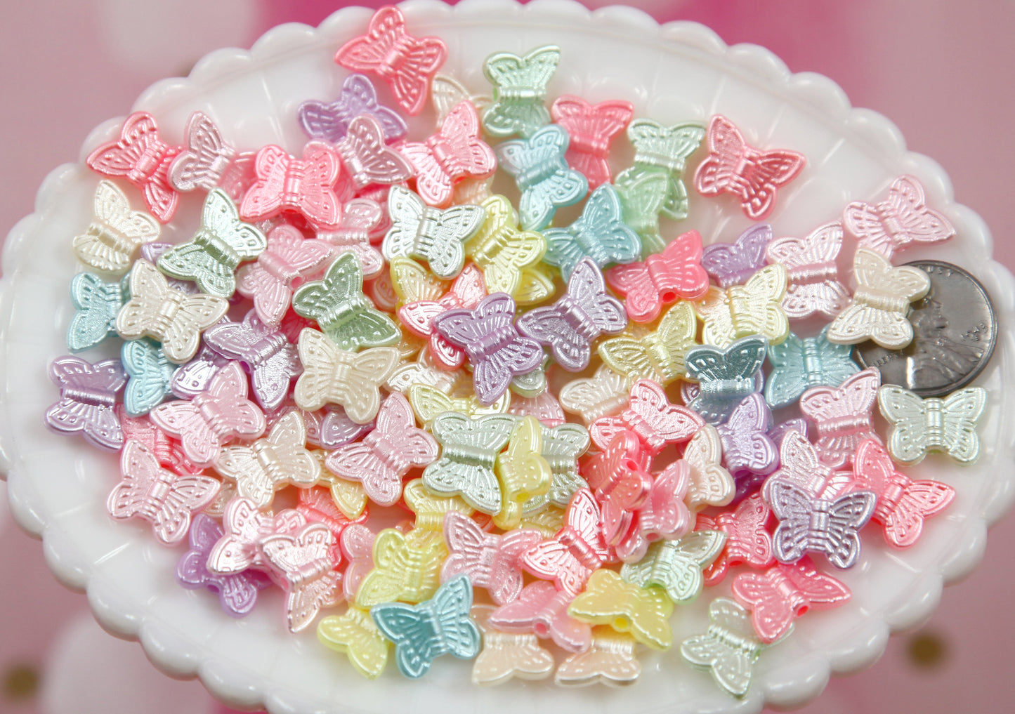 Butterfly Beads - 100 pieces - 14mm Pearly Pastel Beautiful Bright Color Little Butterfly Shaped Resin or Acrylic Beads