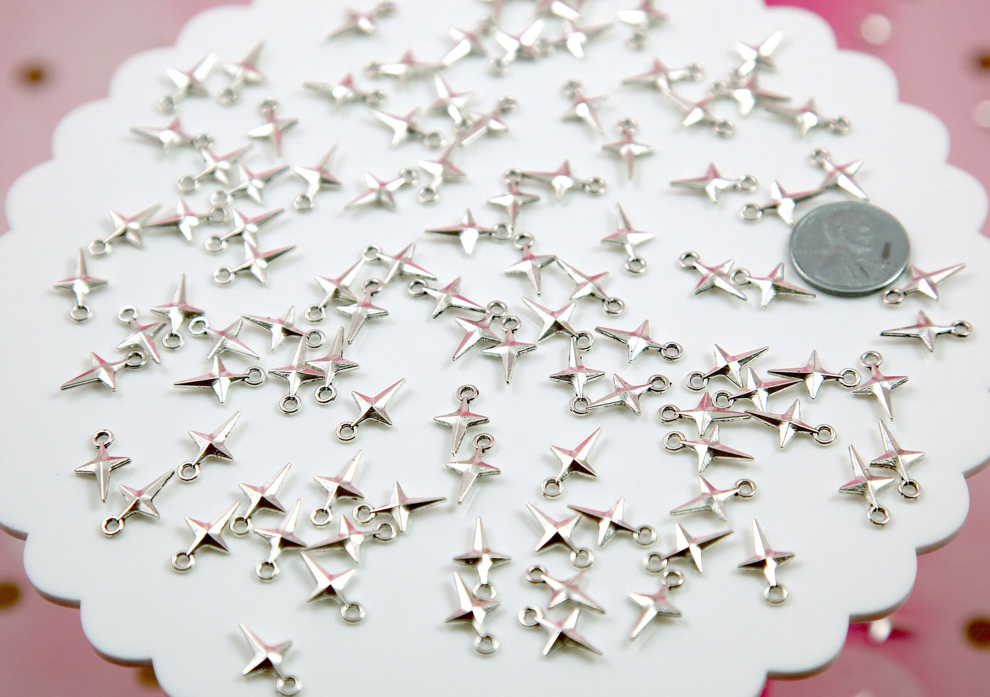 Tiny Four Pointed Star Charms - 50 pieces - Silver Color - 14mm Mini Stars Pendants Alloy Metal Charms