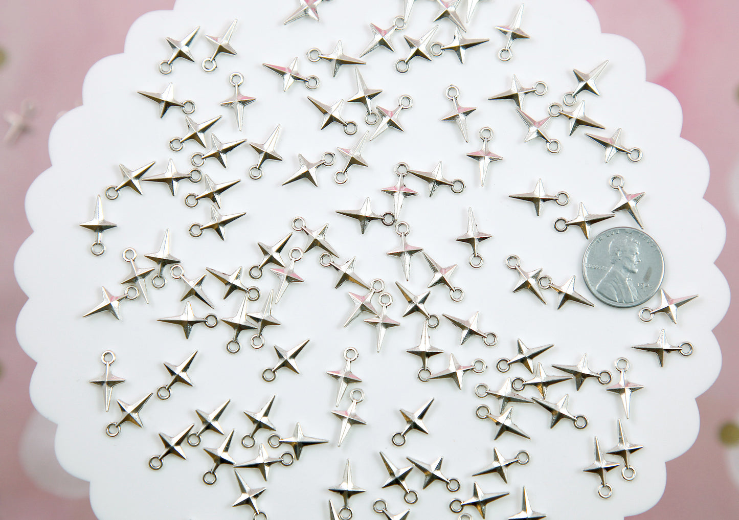 Tiny Four Pointed Star Charms - 50 pieces - Silver Color - 14mm Mini Stars Pendants Alloy Metal Charms