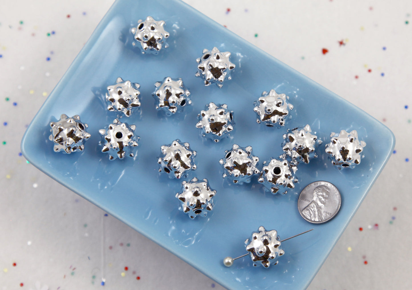 Spike Beads - 10 pieces - 17mm Spiky Ball Bead - Electroplated Silver Plastic Beads - for Bead Pens or Jewelry Making