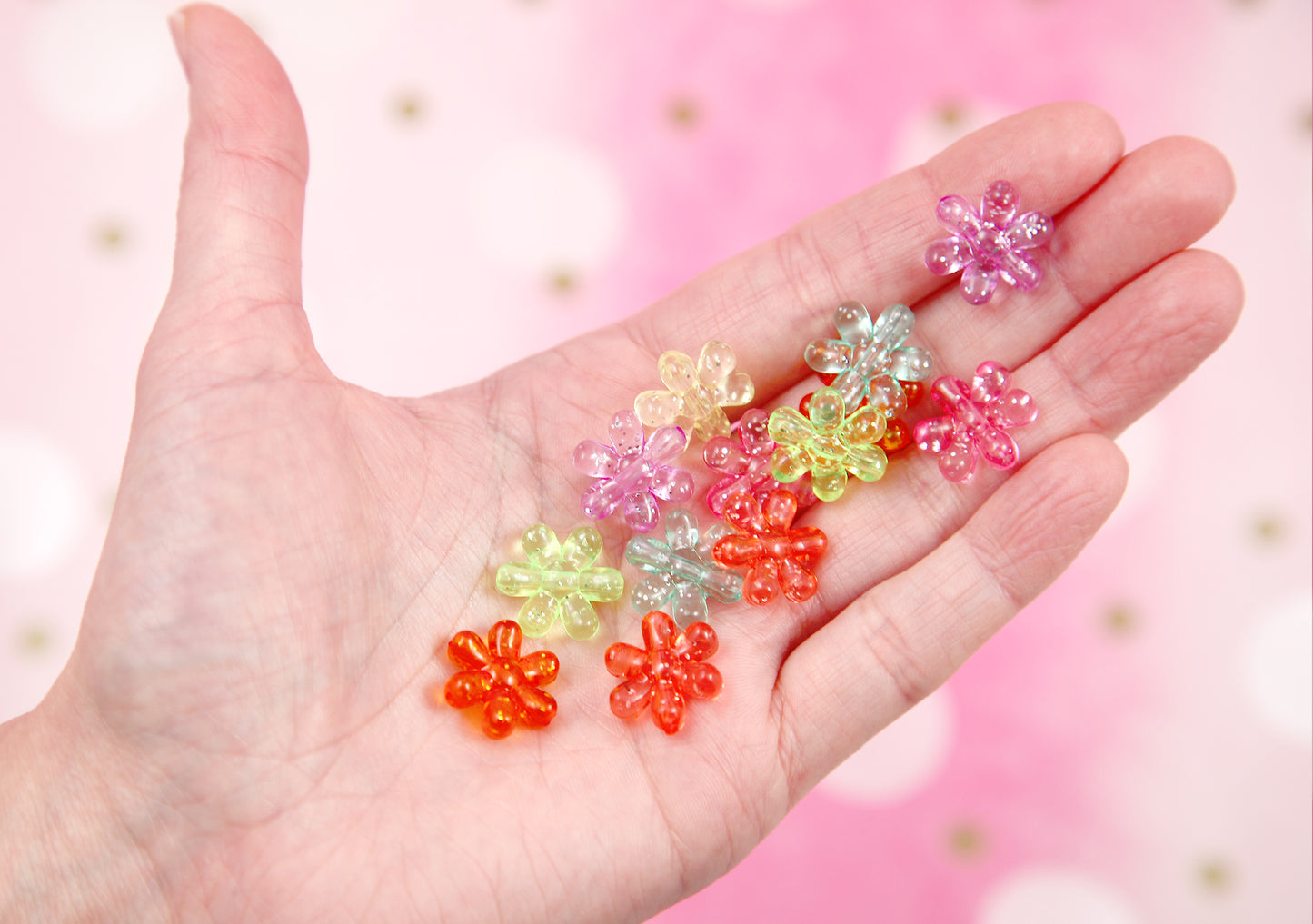 Flower Beads - 100 pieces - 16mm Small Glitter Acrylic Flower Beads - Little Resin Flower Beads