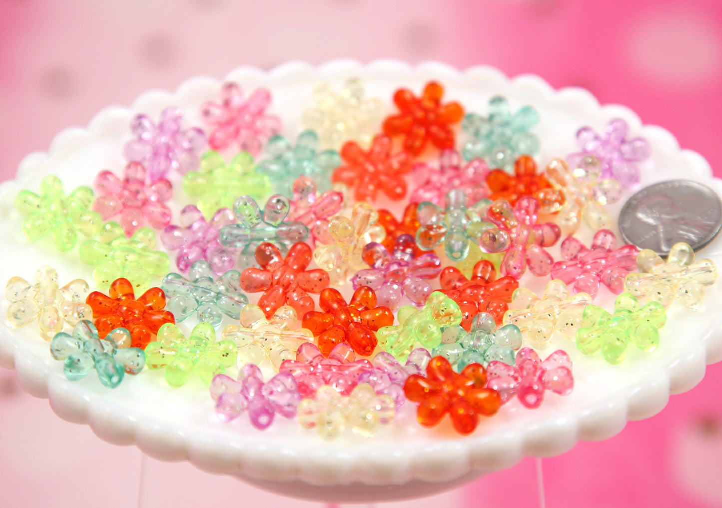 Flower Beads - 100 pieces - 16mm Small Glitter Acrylic Flower Beads - Little Resin Flower Beads