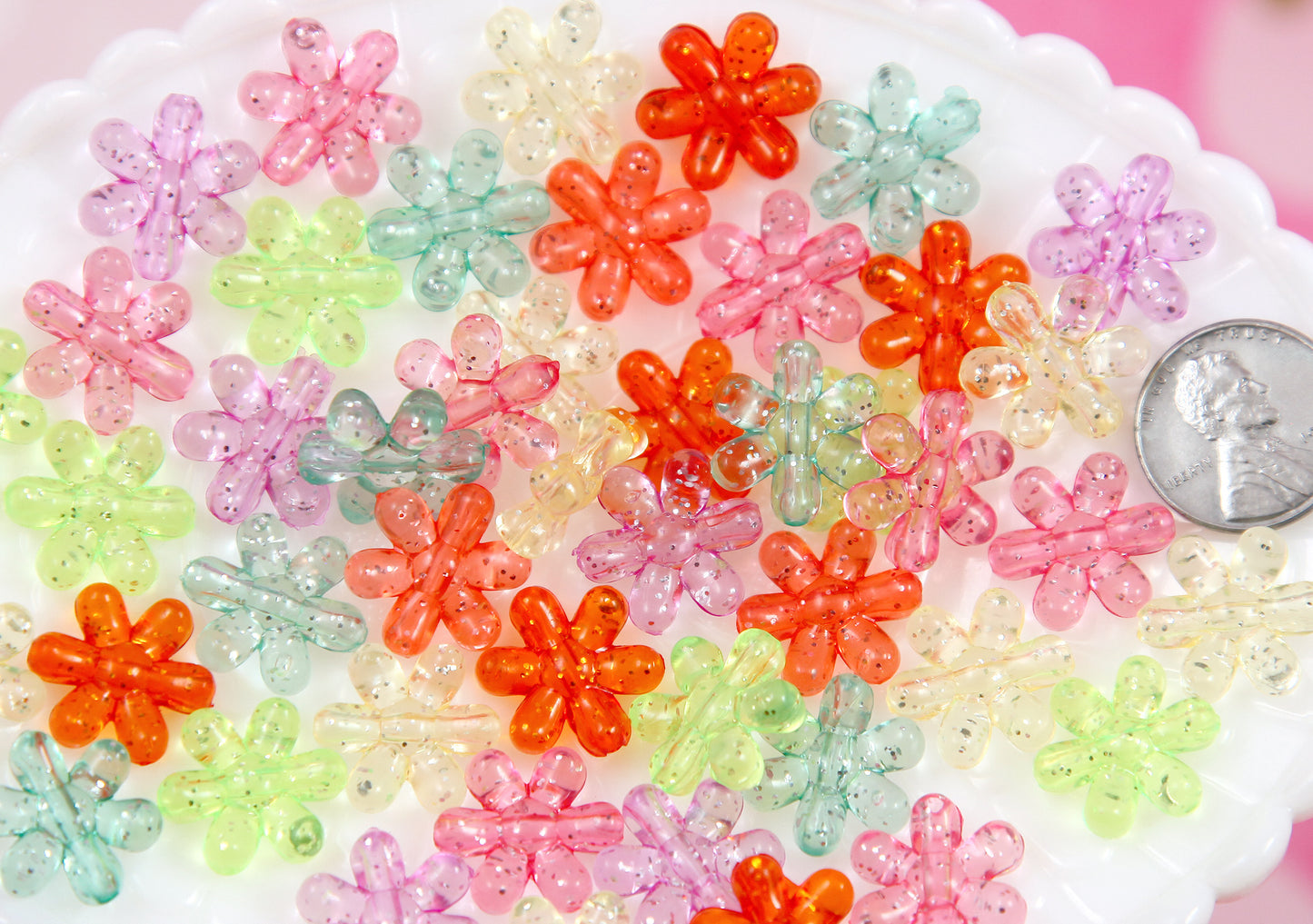 Flower Beads - 100 pieces - 16mm Small Glitter Acrylic Flower Beads - Little Resin Flower Beads