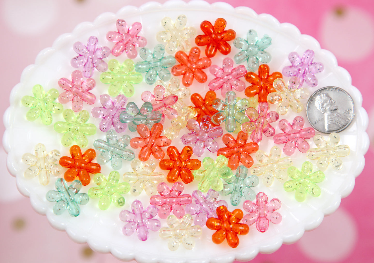 Flower Beads - 100 pieces - 16mm Small Glitter Acrylic Flower Beads - Little Resin Flower Beads