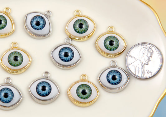 Eyeball Charms - 6 pc set - 16mm Eye Pendants - Gold and Silver Color - Blue and Green Iris Charms or Pendants - easy to make into earrings