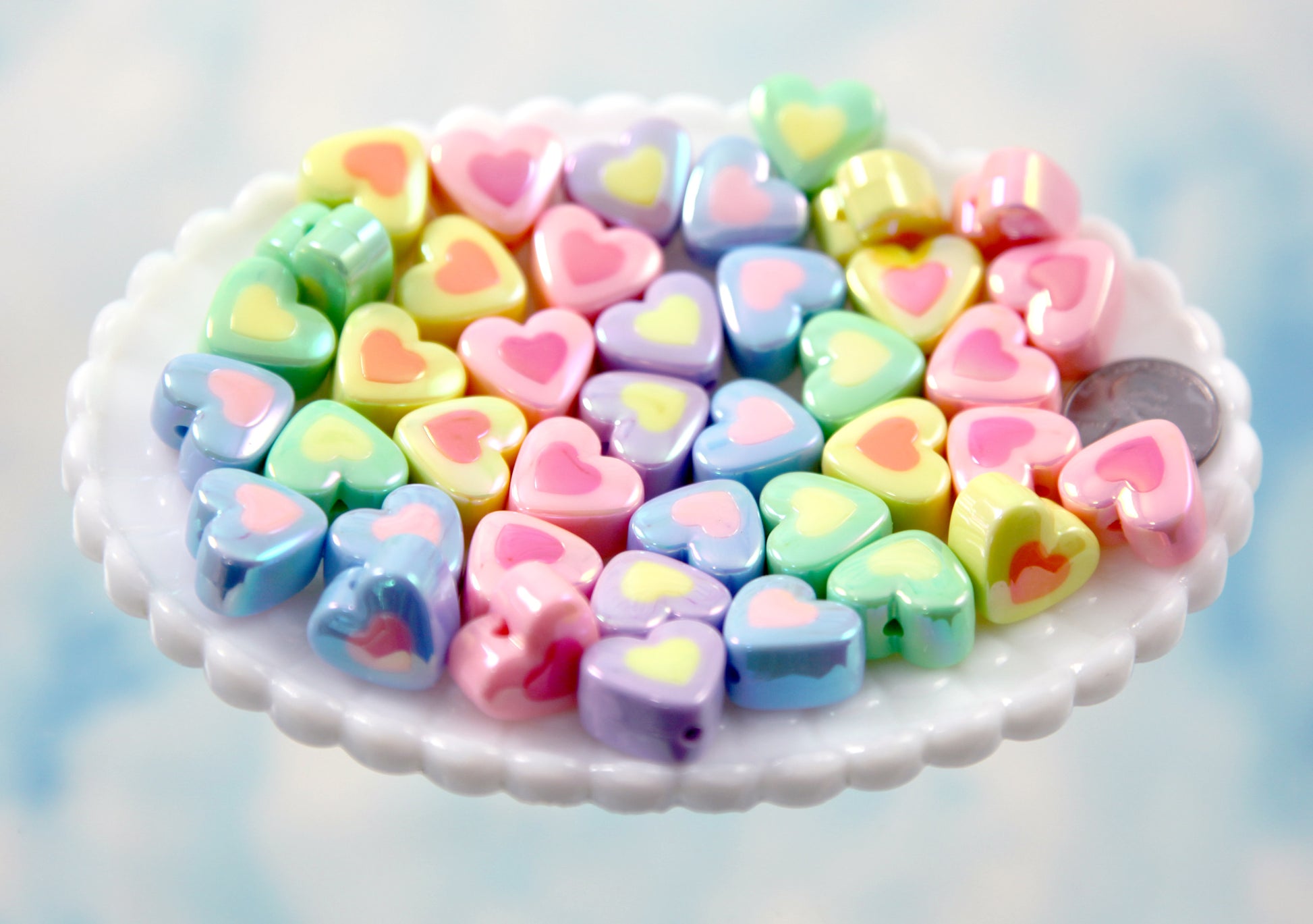 Heart Beads - 8mm Tiny AB Iridescent Pastel Hearts Resin or Acrylic Beads,  mixed color, small size beads - 200 pc set