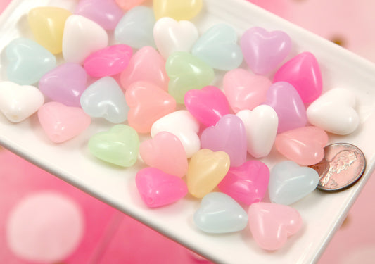 Jelly Heart Beads - 45 pieces - 17mm Faux Candy Hearts Pastel Bead Acrylic or Resin Beads