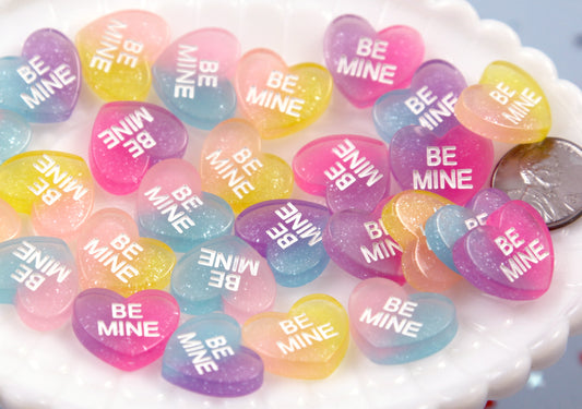 Pastel Hearts - 16 pieces - 20mm Pastel Shimmer Conversation Hearts Translucent Resin Flat Back Cabochons