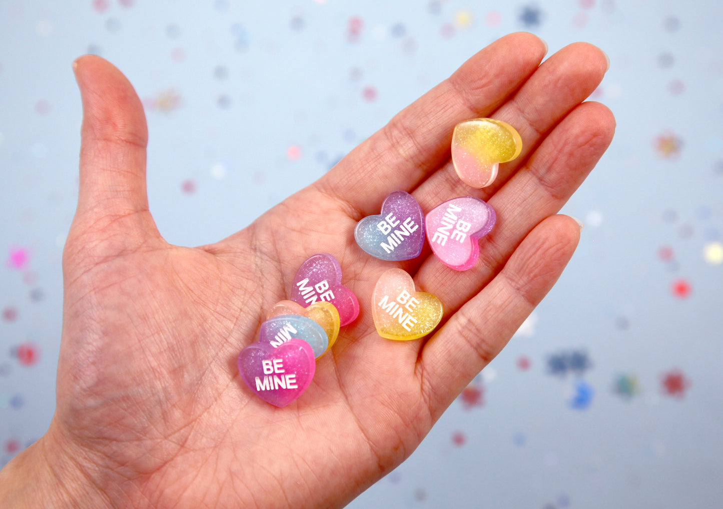 Pastel Hearts - 16 pieces - 20mm Pastel Shimmer Conversation Hearts Translucent Resin Flat Back Cabochons