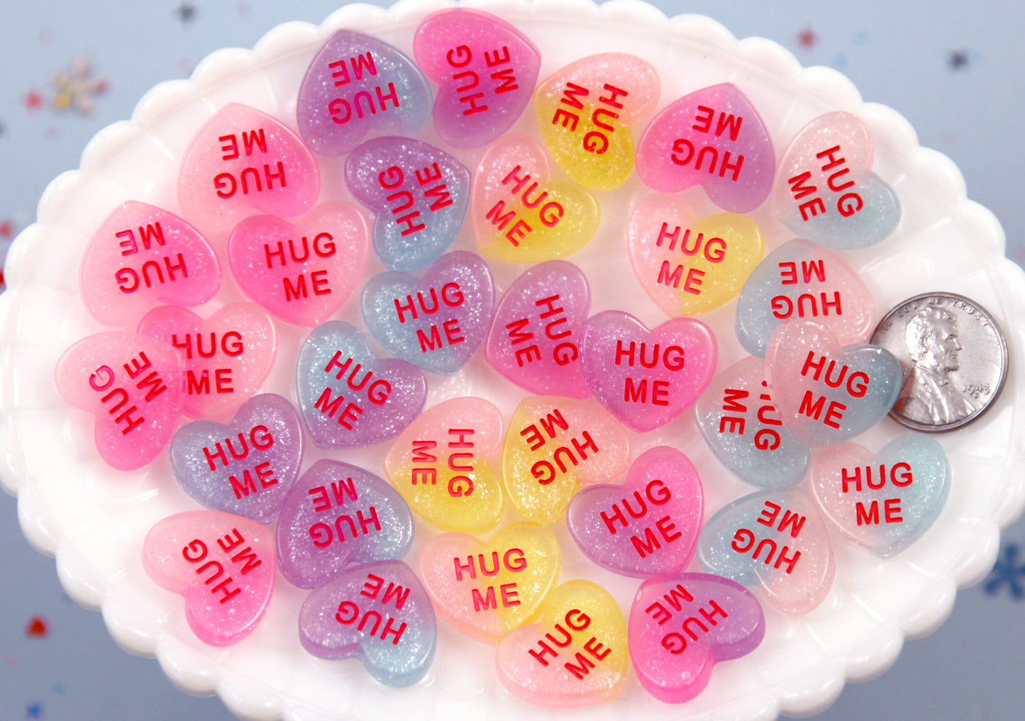 Pastel Heart Flatbacks - 16 pieces - 20mm Pastel Shimmer HUG ME Conversation Hearts Translucent Resin Flat Back Cabochons