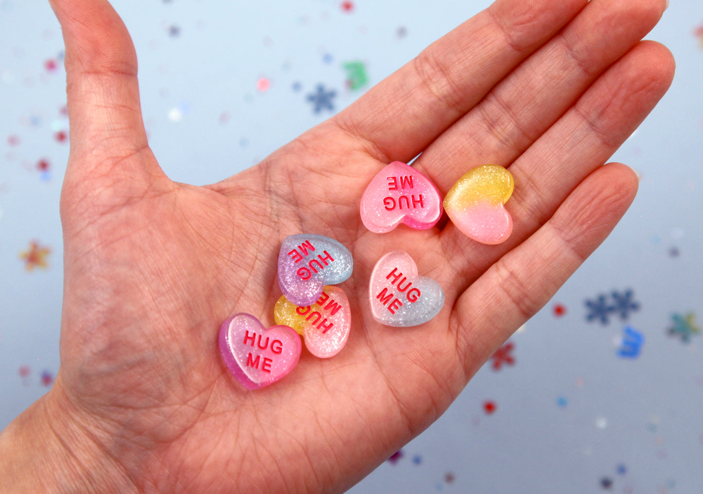 Pastel Heart Flatbacks - 16 pieces - 20mm Pastel Shimmer HUG ME Conversation Hearts Translucent Resin Flat Back Cabochons