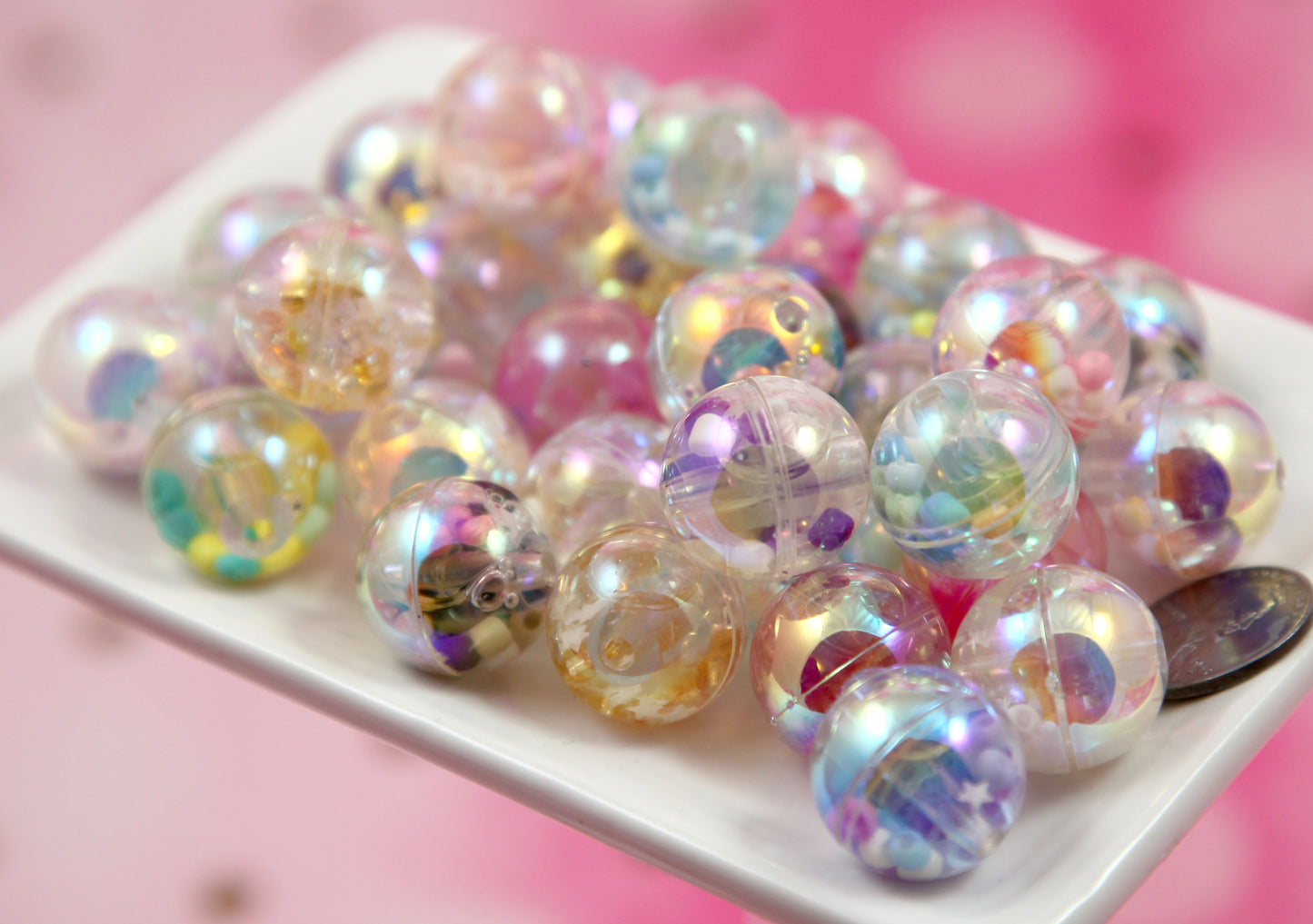 Liquid Filled Shaker Beads - 6 pieces - 18mm Pastel AB Water Beads with Glitter Inside - Sensory Beads - Fidget Beads