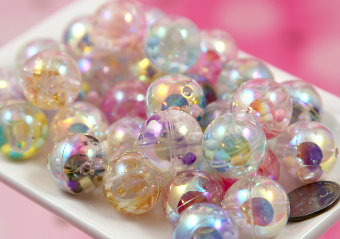 Liquid Filled Shaker Beads - 6 pieces - 18mm Pastel AB Water Beads with Glitter Inside - Sensory Beads - Fidget Beads