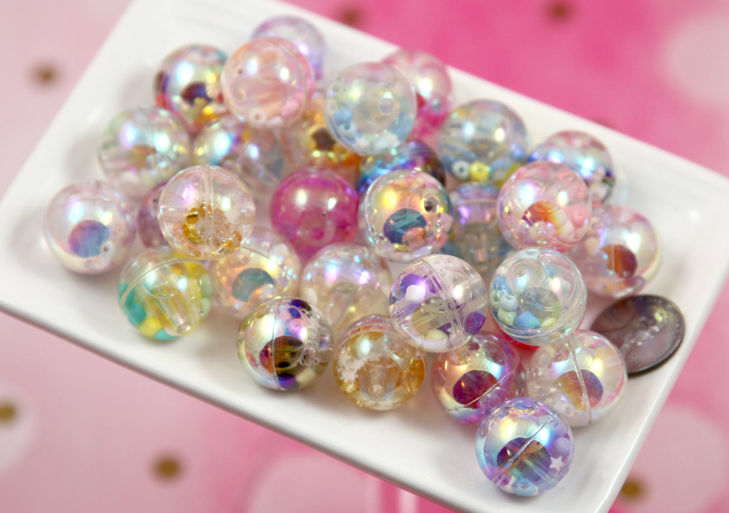 Liquid Filled Shaker Beads - 6 pieces - 18mm Pastel AB Water Beads with Glitter Inside - Sensory Beads - Fidget Beads