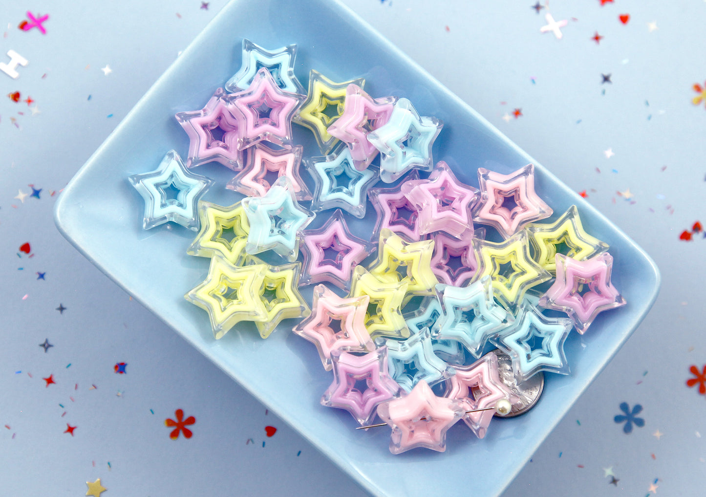 Star Beads - 22mm Pastel Outline Star Double Stars Acrylic or Resin Beads - 16 pcs set