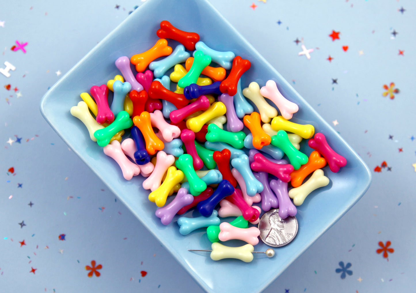 Bone Beads - 20mm Bone Shape Beads Colorful Bones Acrylic or Plastic Beads - 45 pcs set