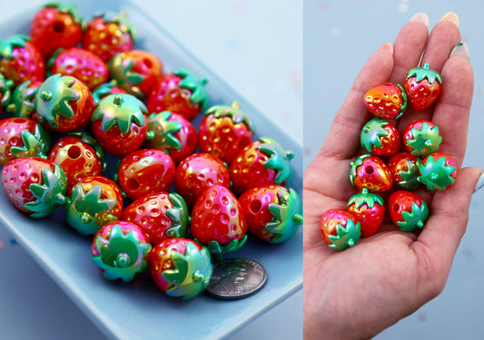 Strawberry Beads - 20mm AB Strawberry Big 3D Opaque Acrylic or Resin Beads - 10 pc set