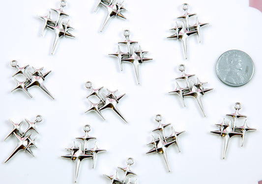 Four Pointed Star Cluster Charms - 8 pieces - 22mm Starburst Pendants Silver Color Alloy Metal Charms