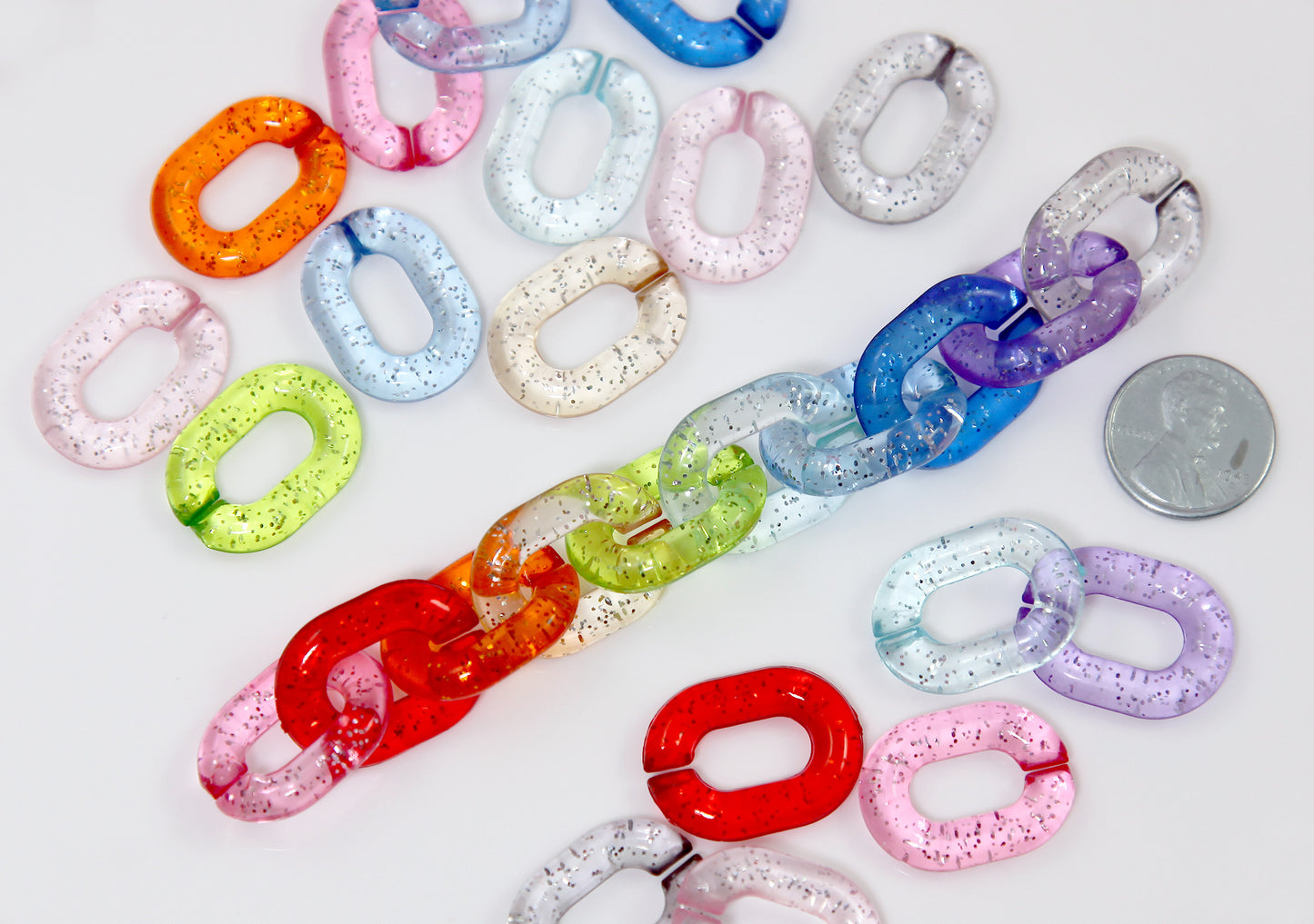 Glitter Chain Links - 50 pcs - 23mm Glitter Acrylic or Plastic Chain Links - Mixed Colors