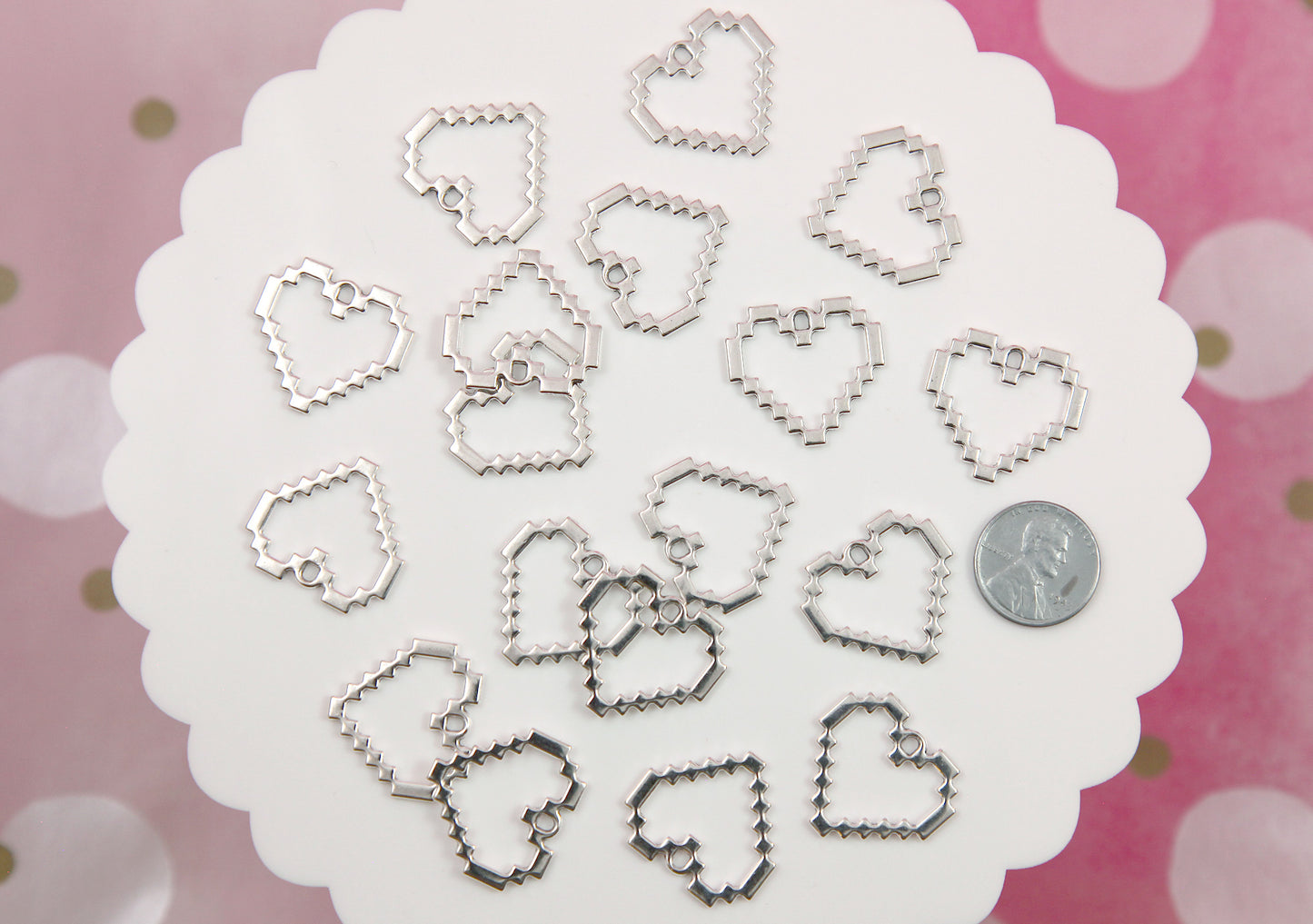 Pixel Heart Charms - 10 pieces - 24mm Metal Pixely Heart Outline Charm - Easy to Make into Earrings