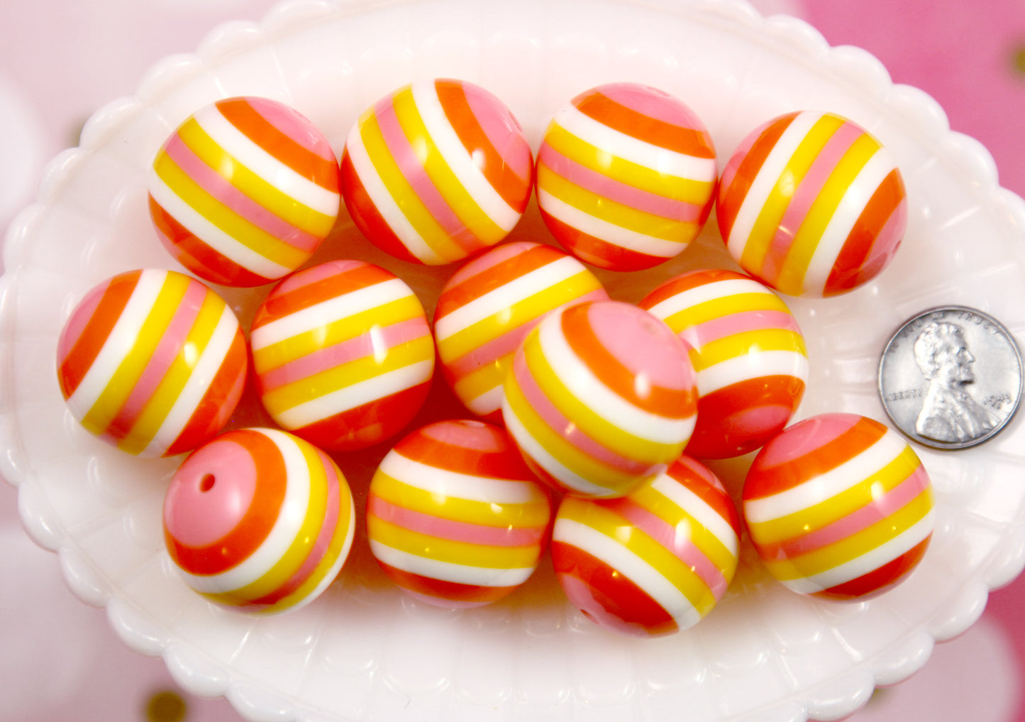 Large Resin Beads - 4 pieces - 24mm Huge Warm Stripes Candy Color Acrylic or Resin Beads