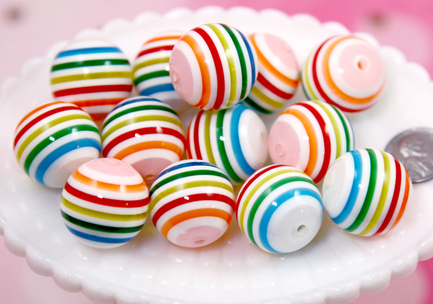 Large Resin Beads - 4 pieces - 24mm Huge Rainbow Stripe Candy Color Acrylic or Resin Beads