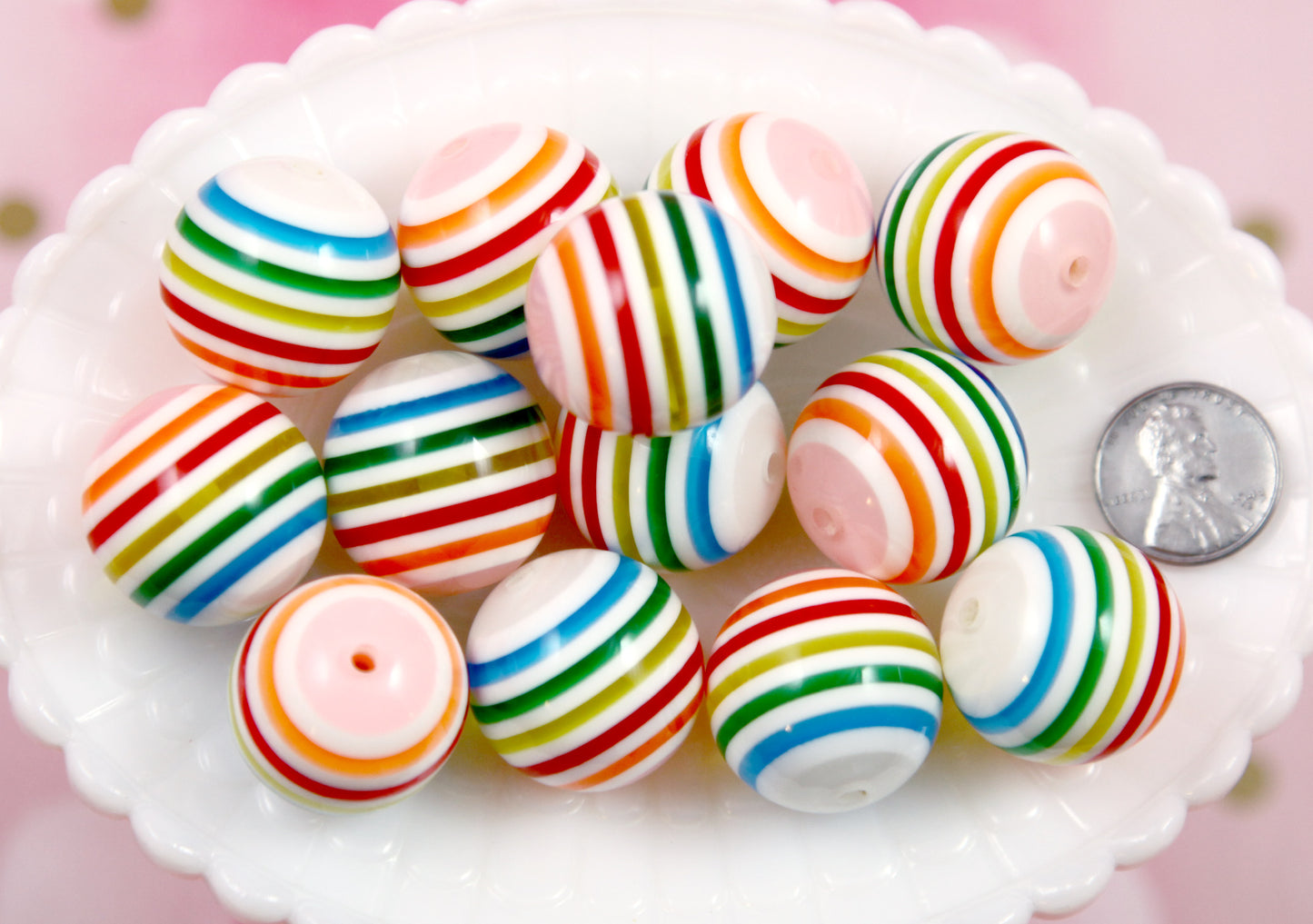 Large Resin Beads - 4 pieces - 24mm Huge Rainbow Stripe Candy Color Acrylic or Resin Beads