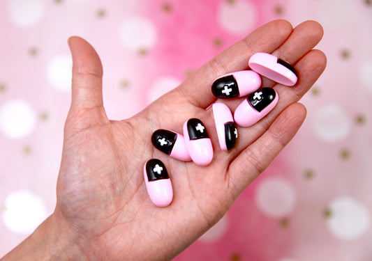 Cute Pills Flat Backs - 12 pieces - 25mm Black and Pink Pill Resin Cabochons or Flatbacks