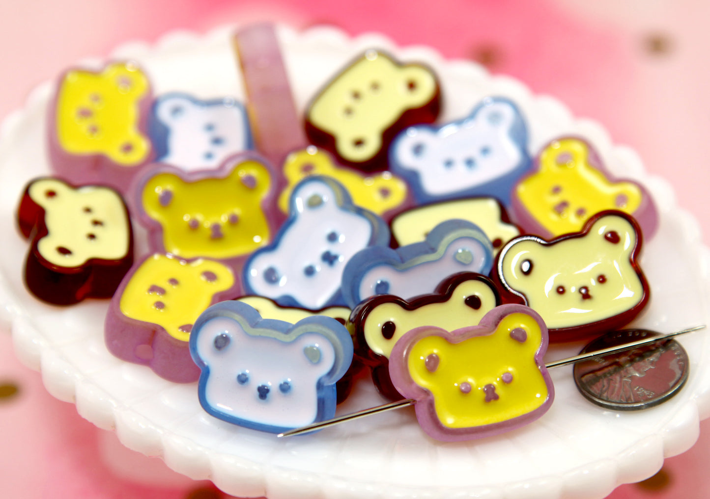 Bear Beads - 9 pieces - 26mm Cute Teddy Bears Enamel Style Acrylic Beads or Resin Beads