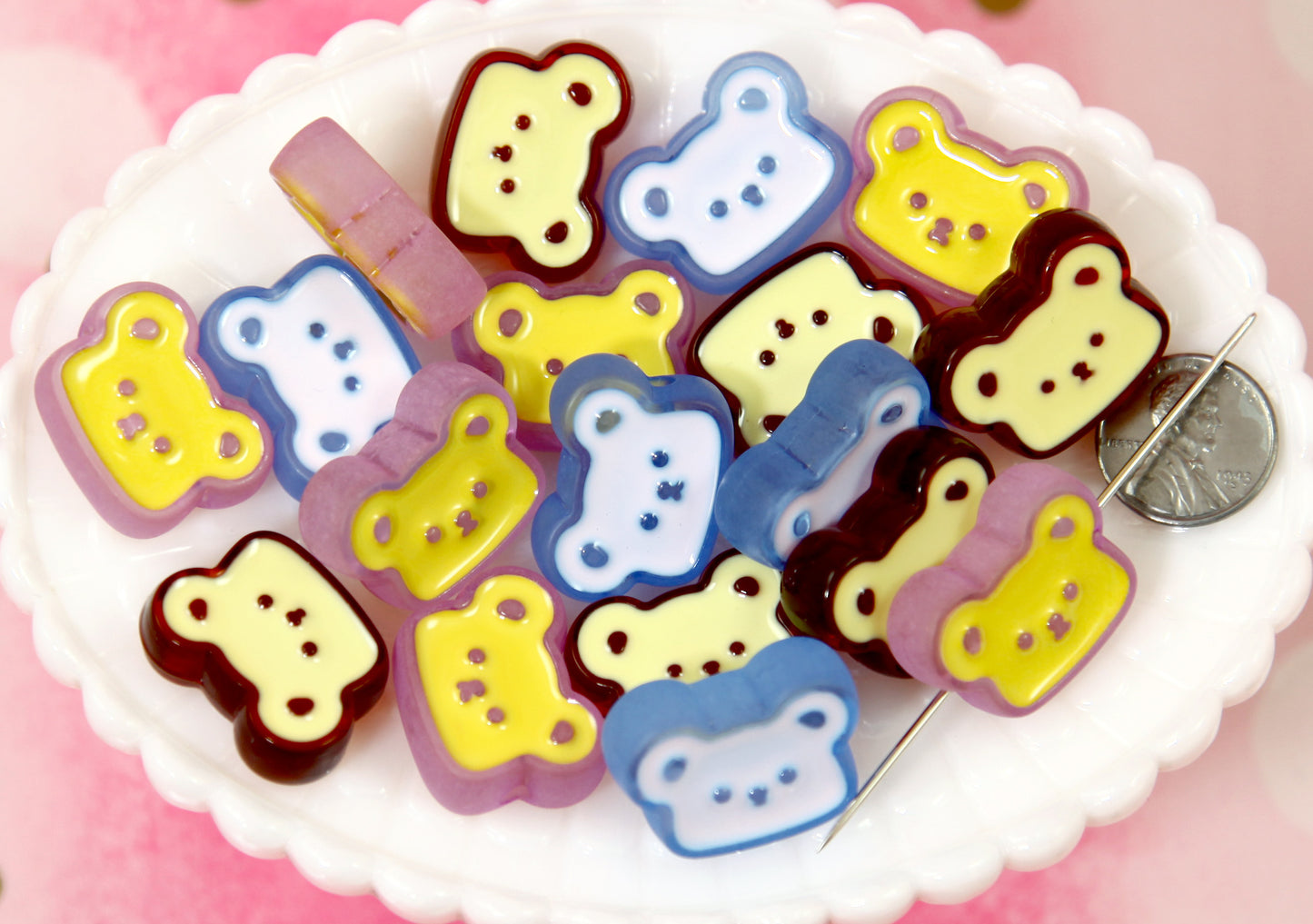 Bear Beads - 9 pieces - 26mm Cute Teddy Bears Enamel Style Acrylic Beads or Resin Beads