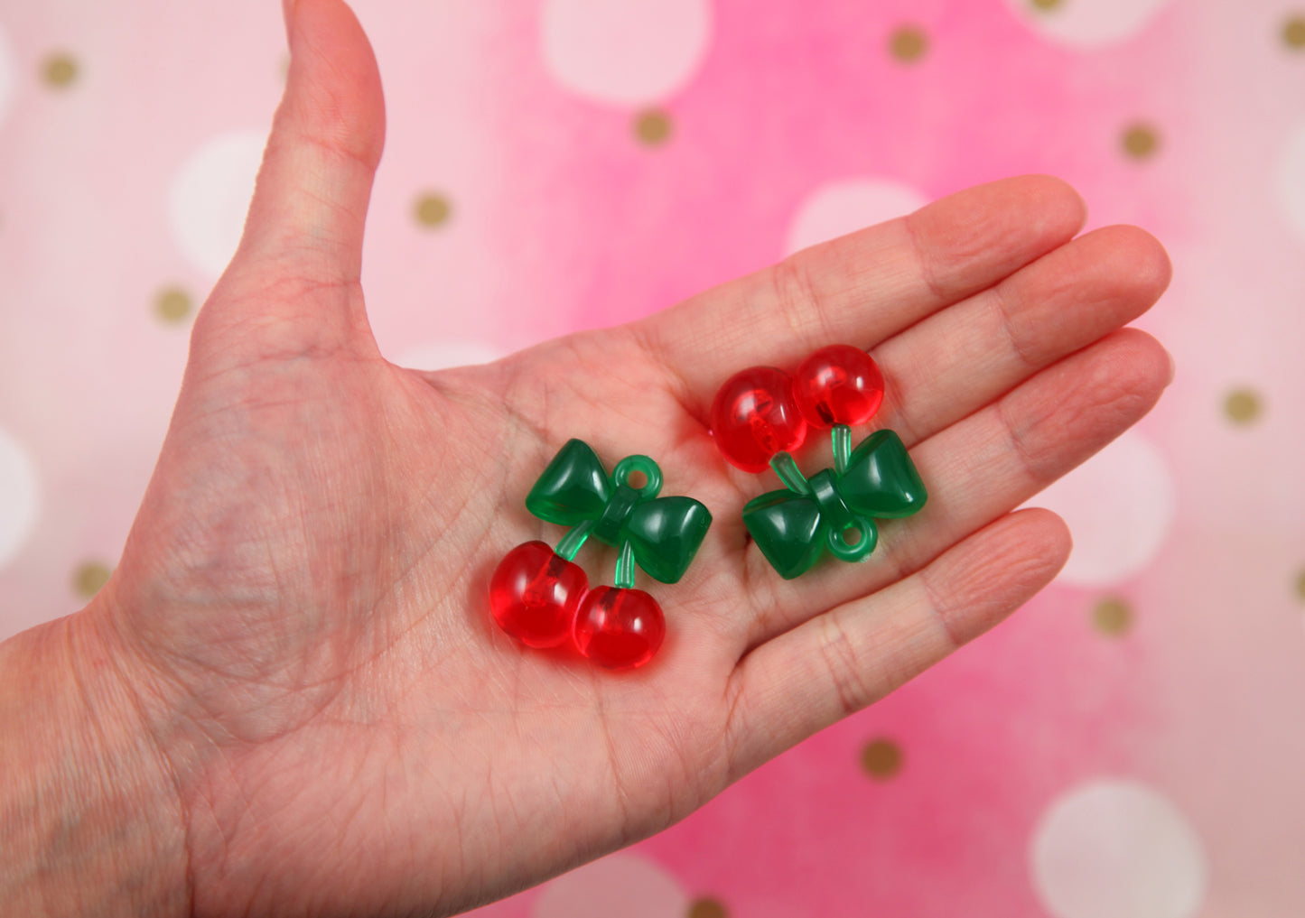 Cherry Charms - 6 pieces - 31mm Red Cherries with Bow Stem Fake Fruit Charm Cherry Plastic Pendants