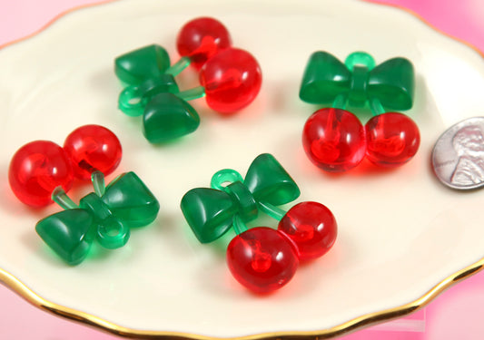 Cherry Charms - 6 pieces - 31mm Red Cherries with Bow Stem Fake Fruit Charm Cherry Plastic Pendants