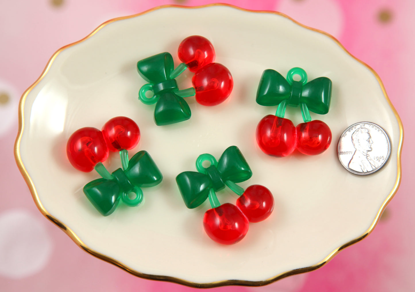 Cherry Charms - 6 pieces - 31mm Red Cherries with Bow Stem Fake Fruit Charm Cherry Plastic Pendants