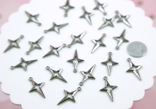 Four Pointed Star Charms - 20 pieces - Gunmetal Color - 27mm Shining Stars Pendants Alloy Metal Charms