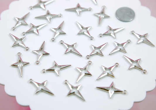 Four Pointed Star Charms - 20 pieces - Silver Color - 27mm Shining Stars Pendants Alloy Metal Charms