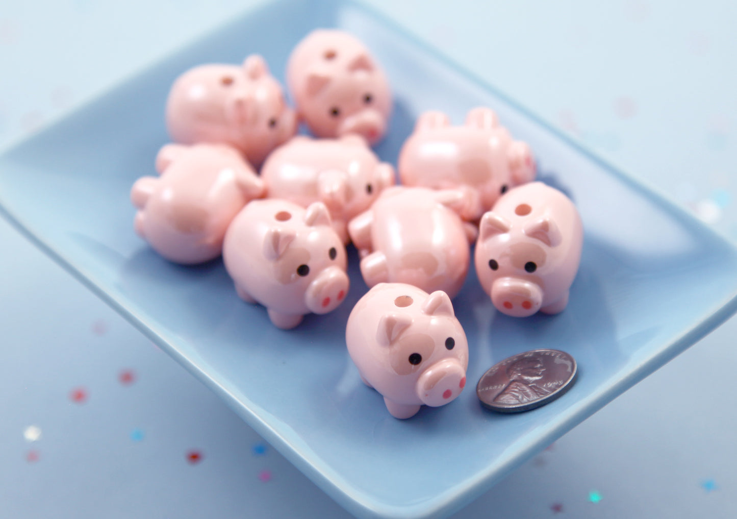 Cute Pig Beads - 22mm Pink Pig Pastel Bead Chunky Acrylic or Plastic Beads - 5 pc set