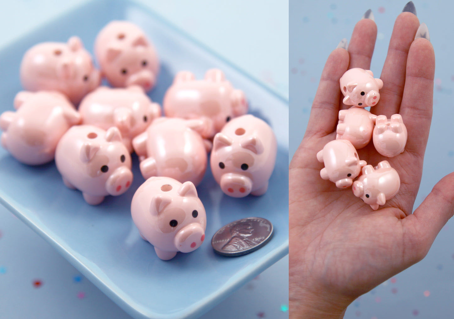 Cute Pig Beads - 22mm Pink Pig Pastel Bead Chunky Acrylic or Plastic Beads - 5 pc set