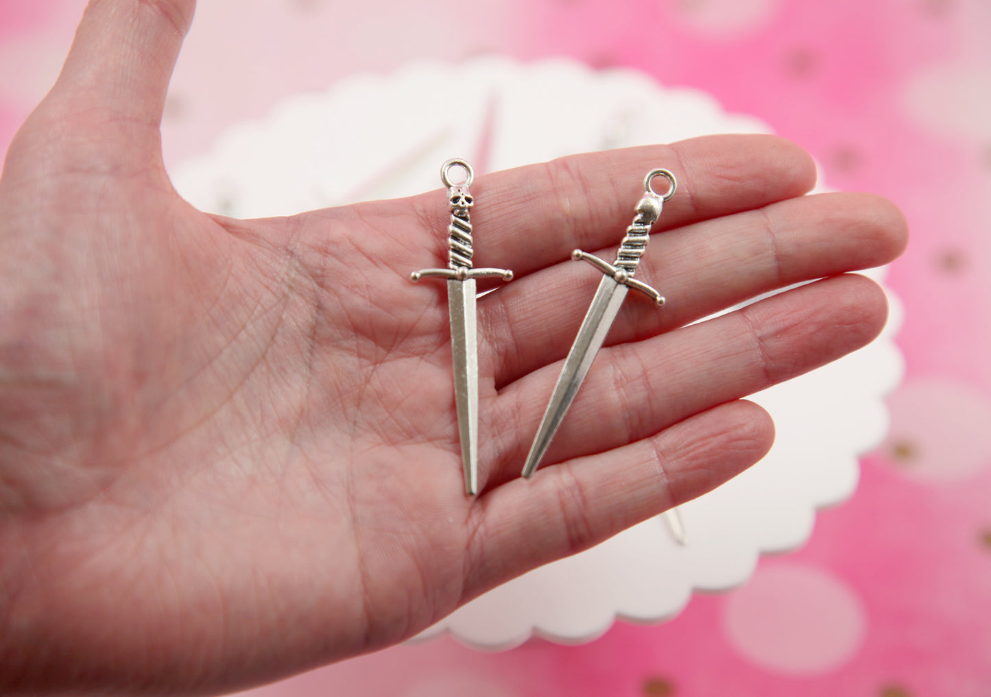 Mini Dagger Charms - 8 pieces - 58mm Metal Miniature Dagger with Skull Charm - Short Sword or Knife Charm or Pendant