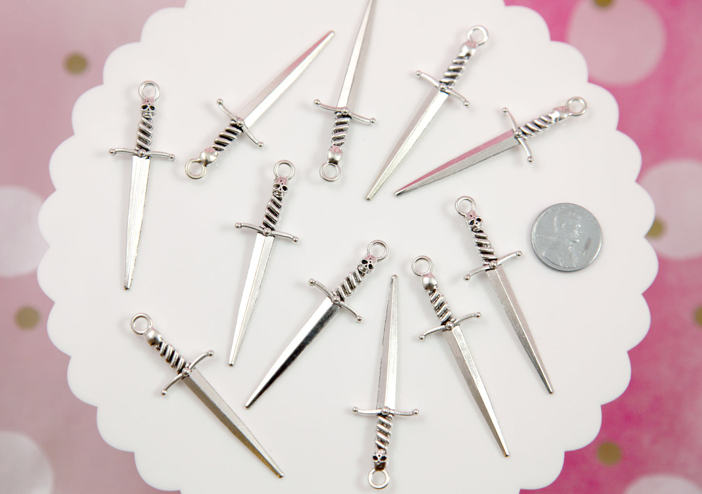 Mini Dagger Charms - 8 pieces - 58mm Metal Miniature Dagger with Skull Charm - Short Sword or Knife Charm or Pendant