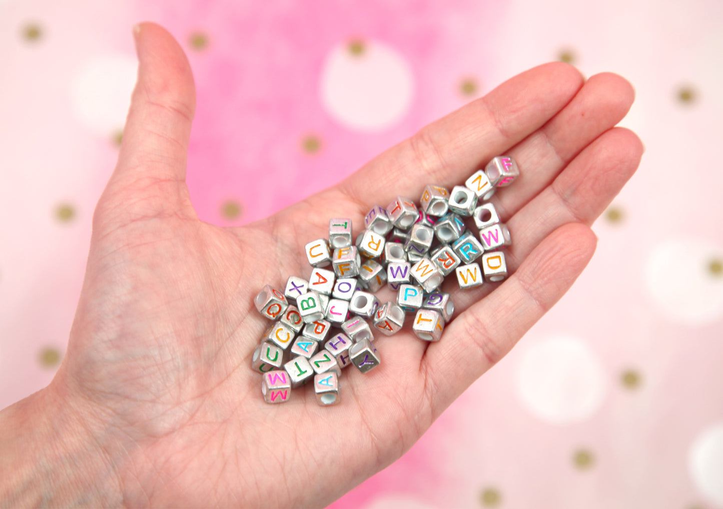 Metallic Cube Letter Beads - Large Hole - 200 pieces - 6mm Silver Color Enamel Cube Shaped Alphabet Acrylic or Resin Beads