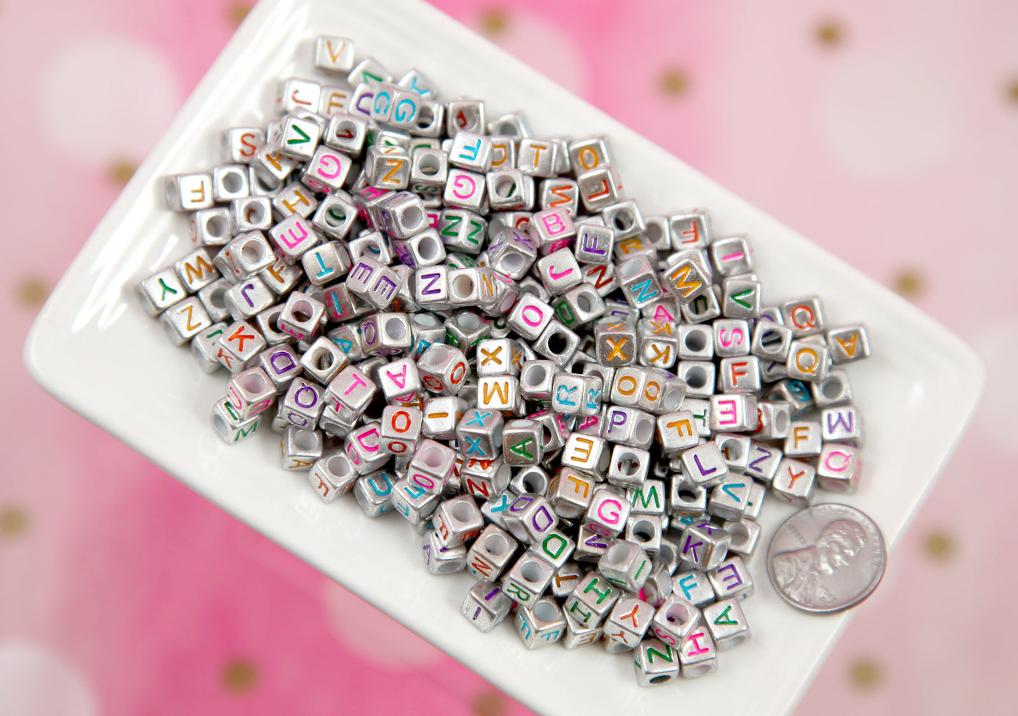 Metallic Cube Letter Beads - Large Hole - 200 pieces - 6mm Silver Color Enamel Cube Shaped Alphabet Acrylic or Resin Beads