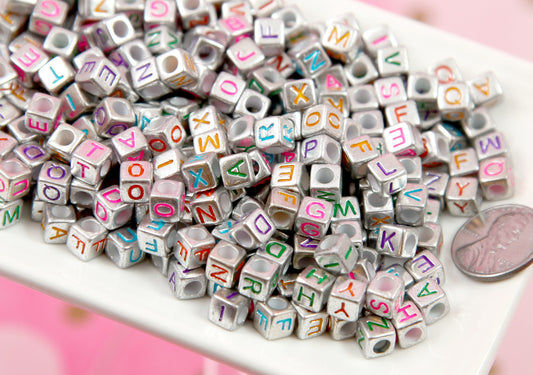 Metallic Cube Letter Beads - Large Hole - 200 pieces - 6mm Silver Color Enamel Cube Shaped Alphabet Acrylic or Resin Beads