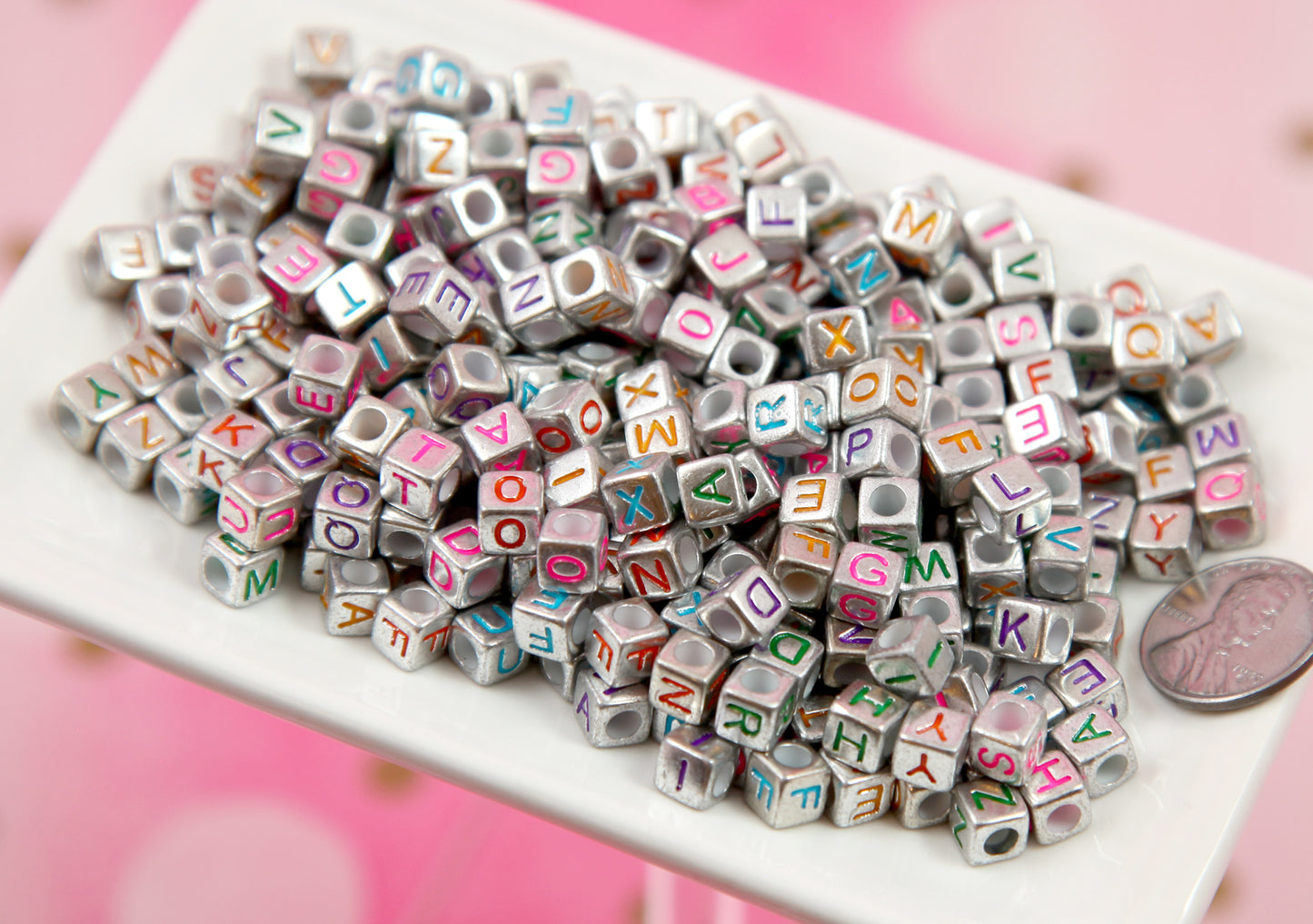 Metallic Cube Letter Beads - Large Hole - 200 pieces - 6mm Silver Color Enamel Cube Shaped Alphabet Acrylic or Resin Beads