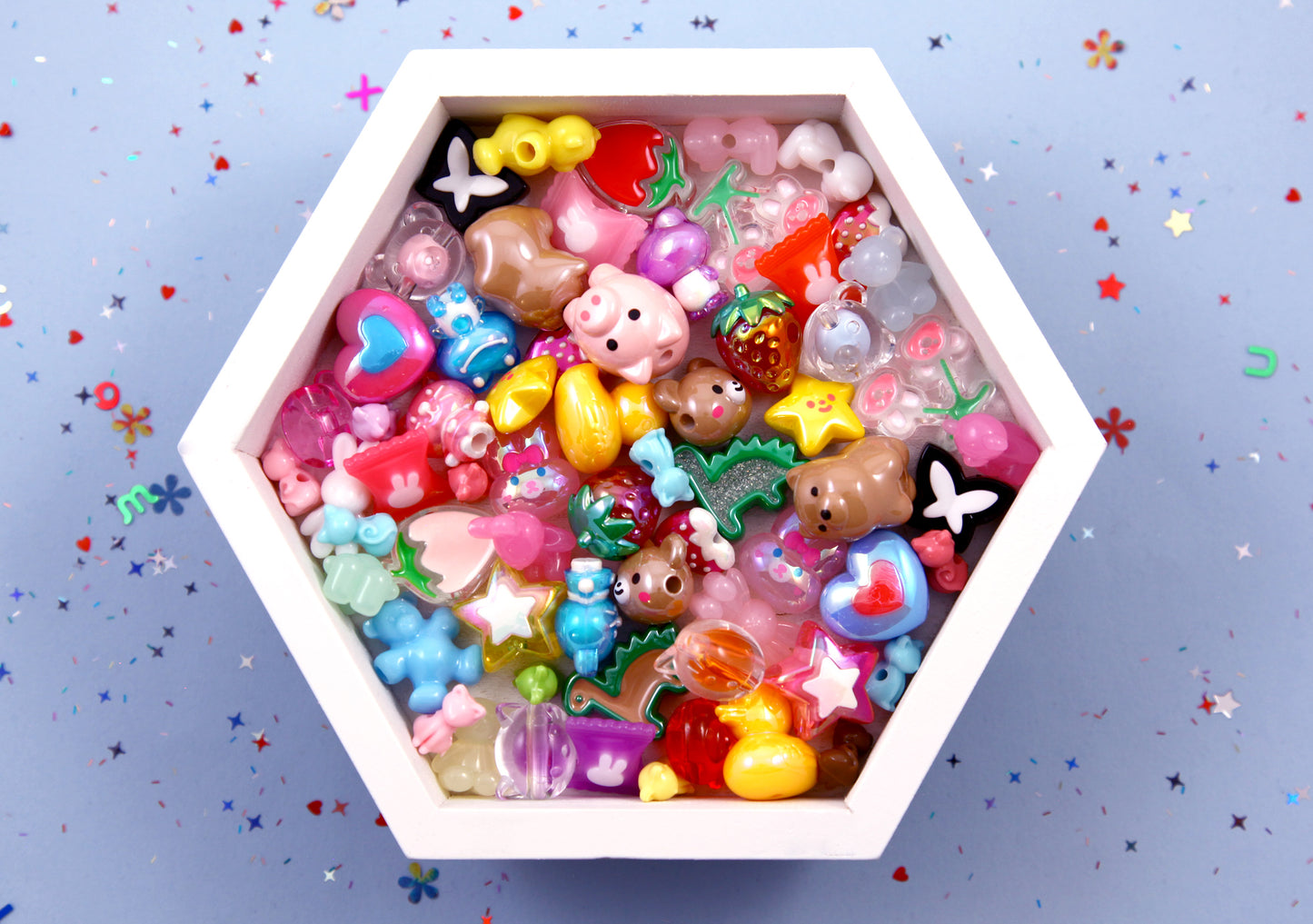 Cute Bead Grab Bag - Cute Animals and Shapes - Mixed Lot of Plastic Beads - great for kandi, ispy, sensory crafts, jewelry making - 50+ pcs