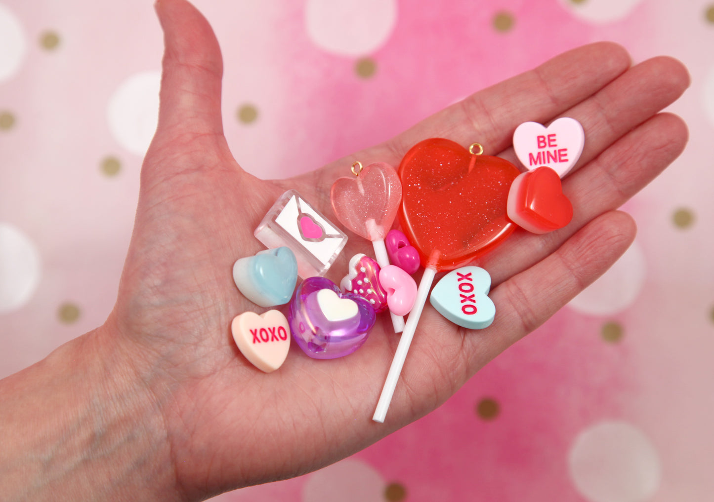 Valentines Day Grab Bag - 50+ pcs - Hearts and Candy - Beads, Charms, Flatbacks - great for kandi, ispy, sensory crafts, jewelry making