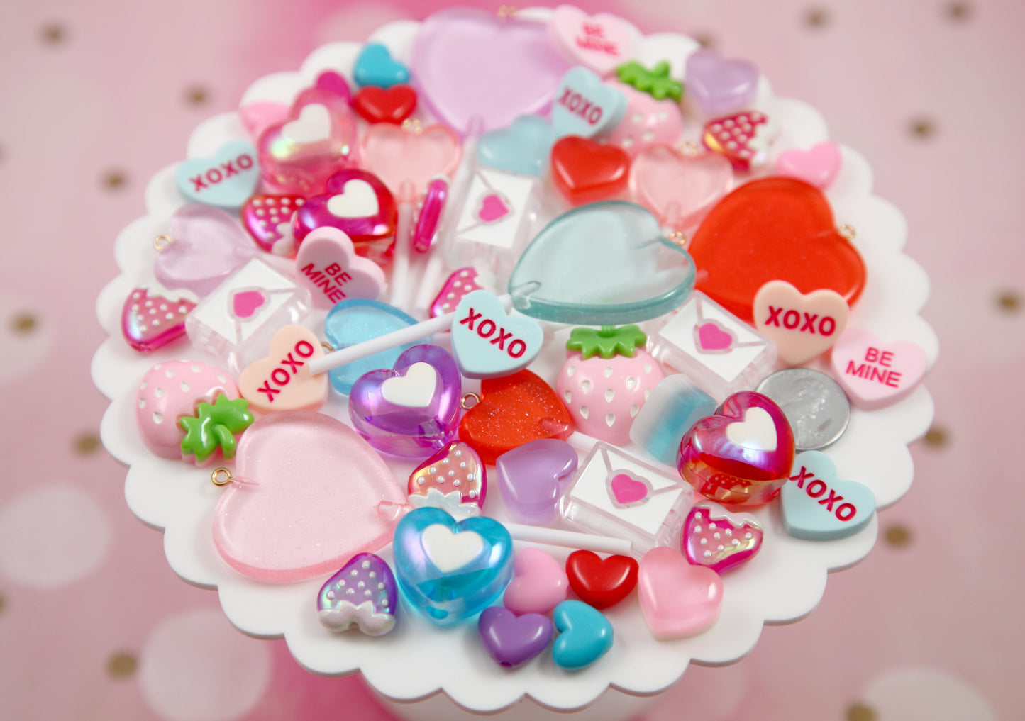 Valentines Day Grab Bag - 50+ pcs - Hearts and Candy - Beads, Charms, Flatbacks - great for kandi, ispy, sensory crafts, jewelry making